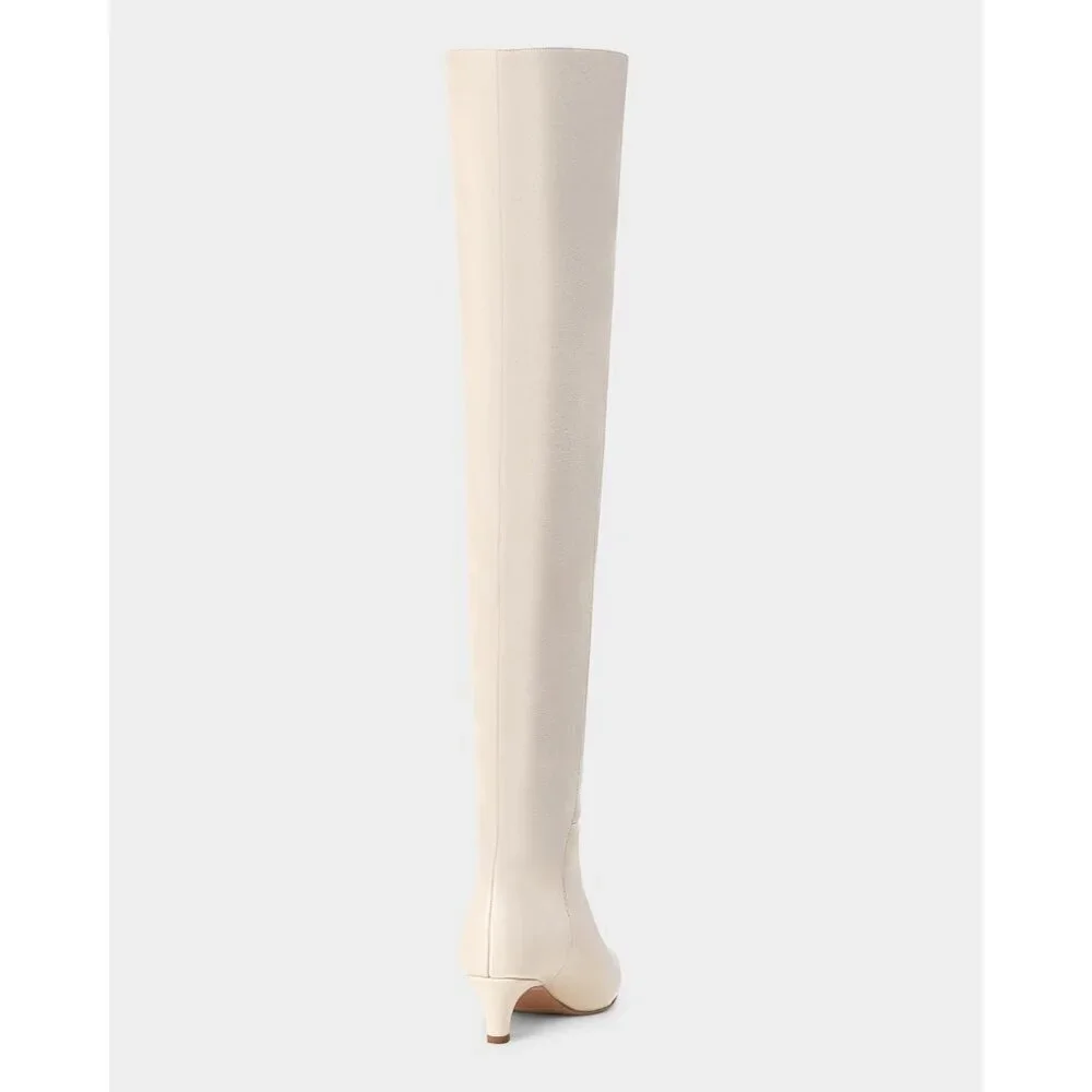 Women White Polyurethane Over the Knee Square Toe Block Heel Long Zipper Boots